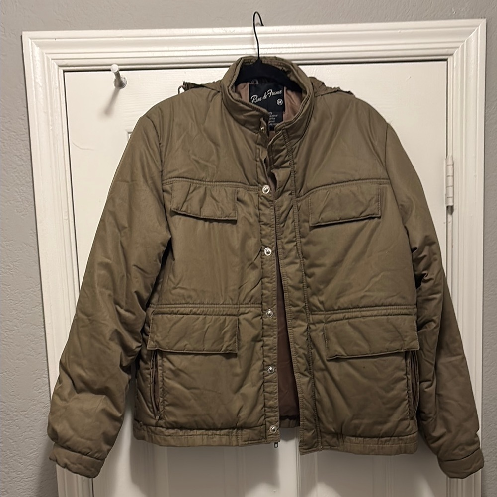 Brown Military Field Jacket with Puffer Style and Stand-Up Collar